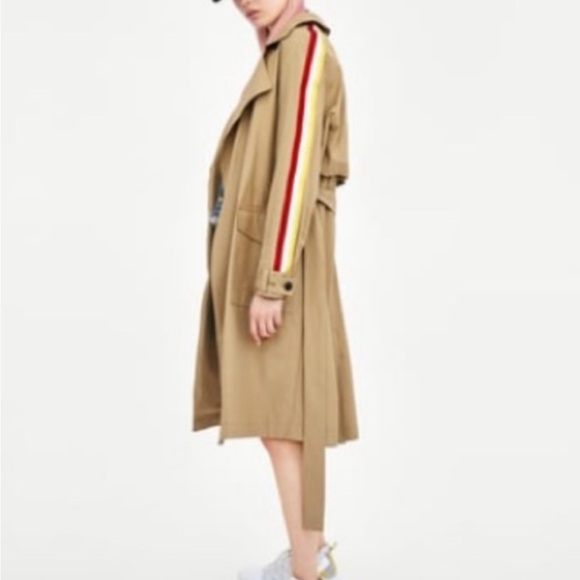 Zara Tan Trench Coat with Red and Yellow Stripes - Picture 1 of 4